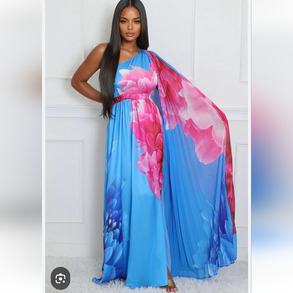 Elegant Blue and Pink Floral One-Shoulder Dress